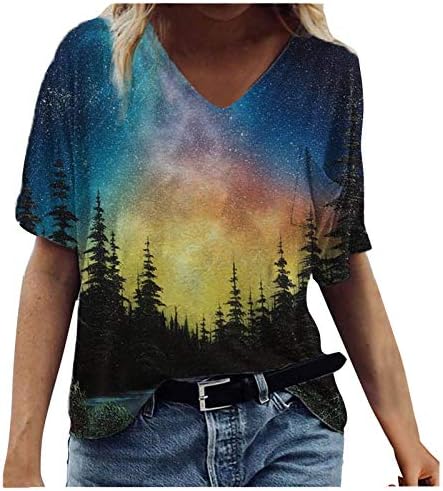 Жените Лето V Вратот Tshirt Врвот Трендовски Секојдневен Пејзаж Печати Лабава Одговара Блуза Кратко Sleeve Плус Големина Тренингот