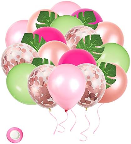 Тропски Luau Роденден Балони,60 парчиња Розова Зелена Розово Злато Confetti Балони со Дланка Остава за Тропски Роденден на Хаваи