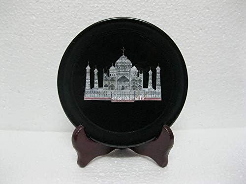 8 Инчи Црн Мермер Круг Декоративни Плоча со Таџ Махал Реплика Инкрустирани Колекционерски Плоча од Индиски Античките Занаети