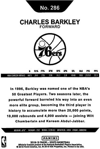 2018-19 НБА Кошарка Карики 286 Чарлс Barkley Philadelphia 76ers Почит Службен Трговски Картичка направени од страна на Panini