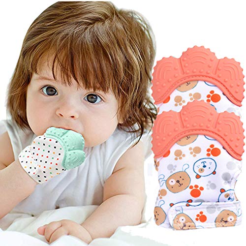 Бебе Teething Mitten 2Pack-Стимулирање на Забите Играчки за Детето,Избегнувајте Гребење (Orange2)