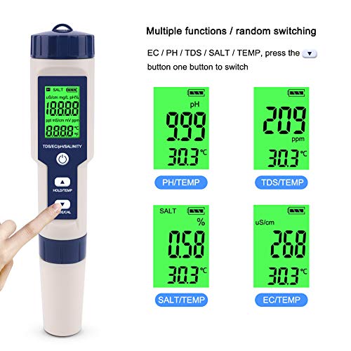 RCYAGO Дигитални pH Метар, Водоотпорен Висока Точност Тестер Пенкало, 5 во 1 TDS/ЕЗ/PH/Salinity/Температура на Водата, Квалитетот