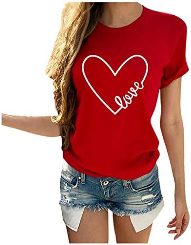 Aniywn Денот на Вљубените Блузи Кошула,Жени Љубов Срцето Печати Симпатична Кратко Sleeve O Вратот Tee Блуза за Љубител Девојка