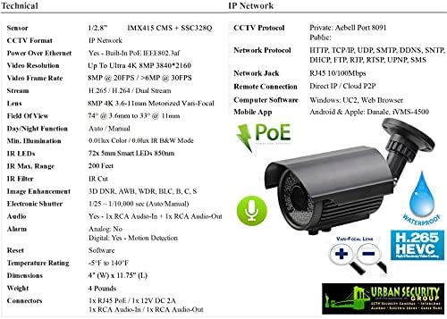 Урбан Безбедност Група 8MP H. 265 IP Куршум Безбедносна Камера + Аудио : Моторните Авто-Фокус 3.6-10мм Леќа, Моќ Над Ethernet, 72x IR-Led диоди, Водоотпорна : Телефон Стан